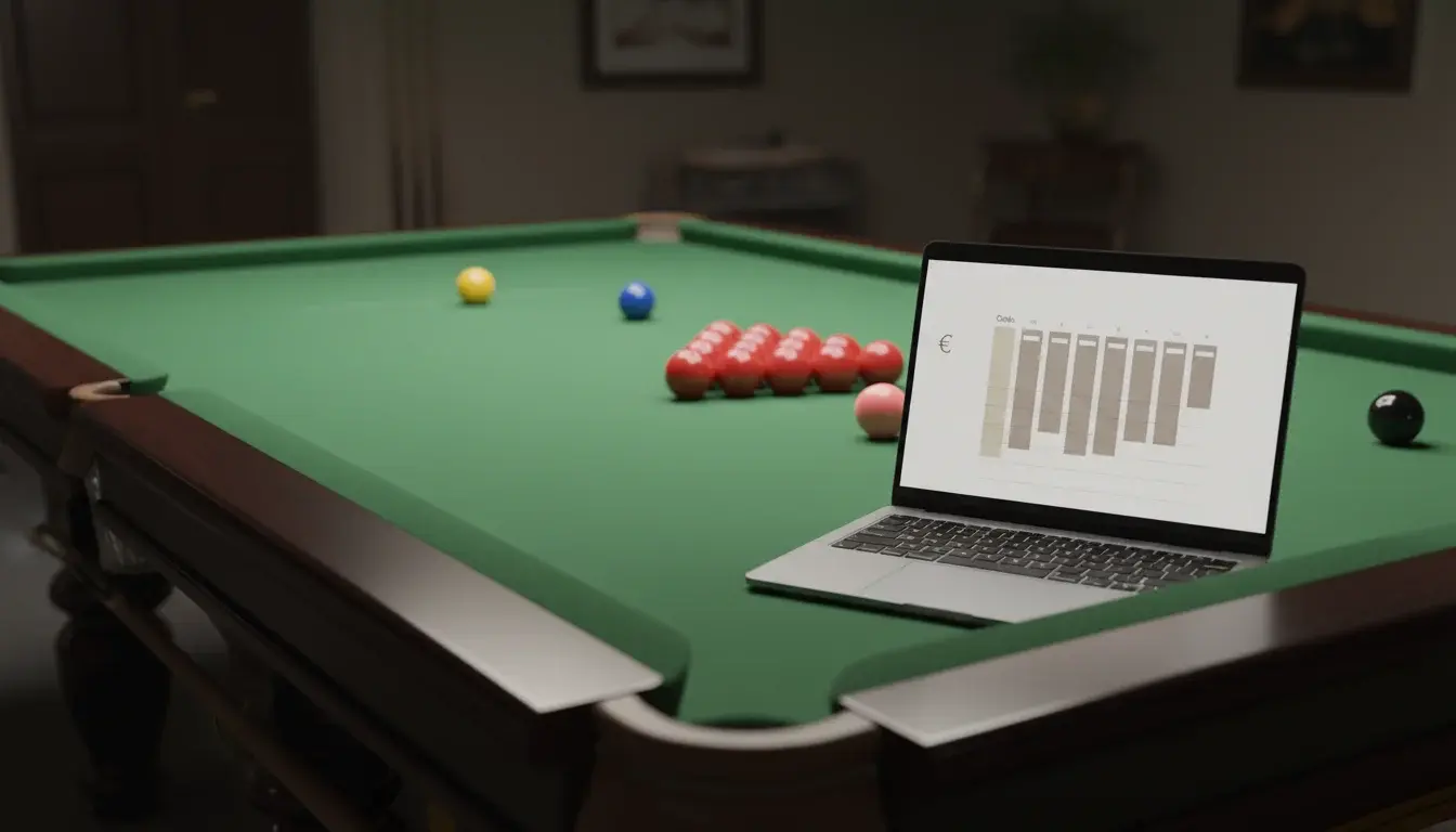 Snooker ballen op groene tafel met laptop waarop odds worden vergeleken