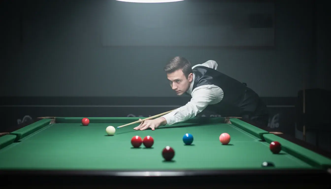 Professionele snookerspeler met agressieve stoot aan groene tafel