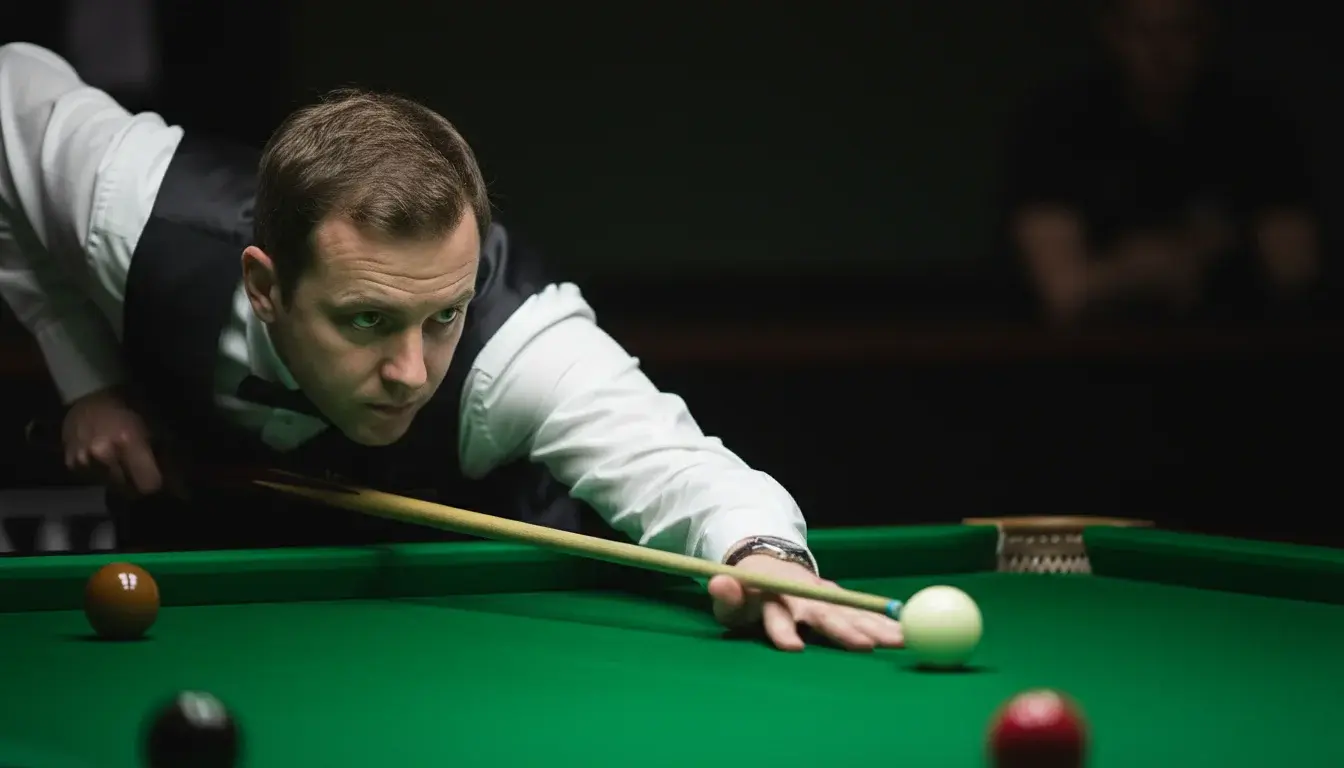 Snookerspeler aan tafel met keu in focushouding