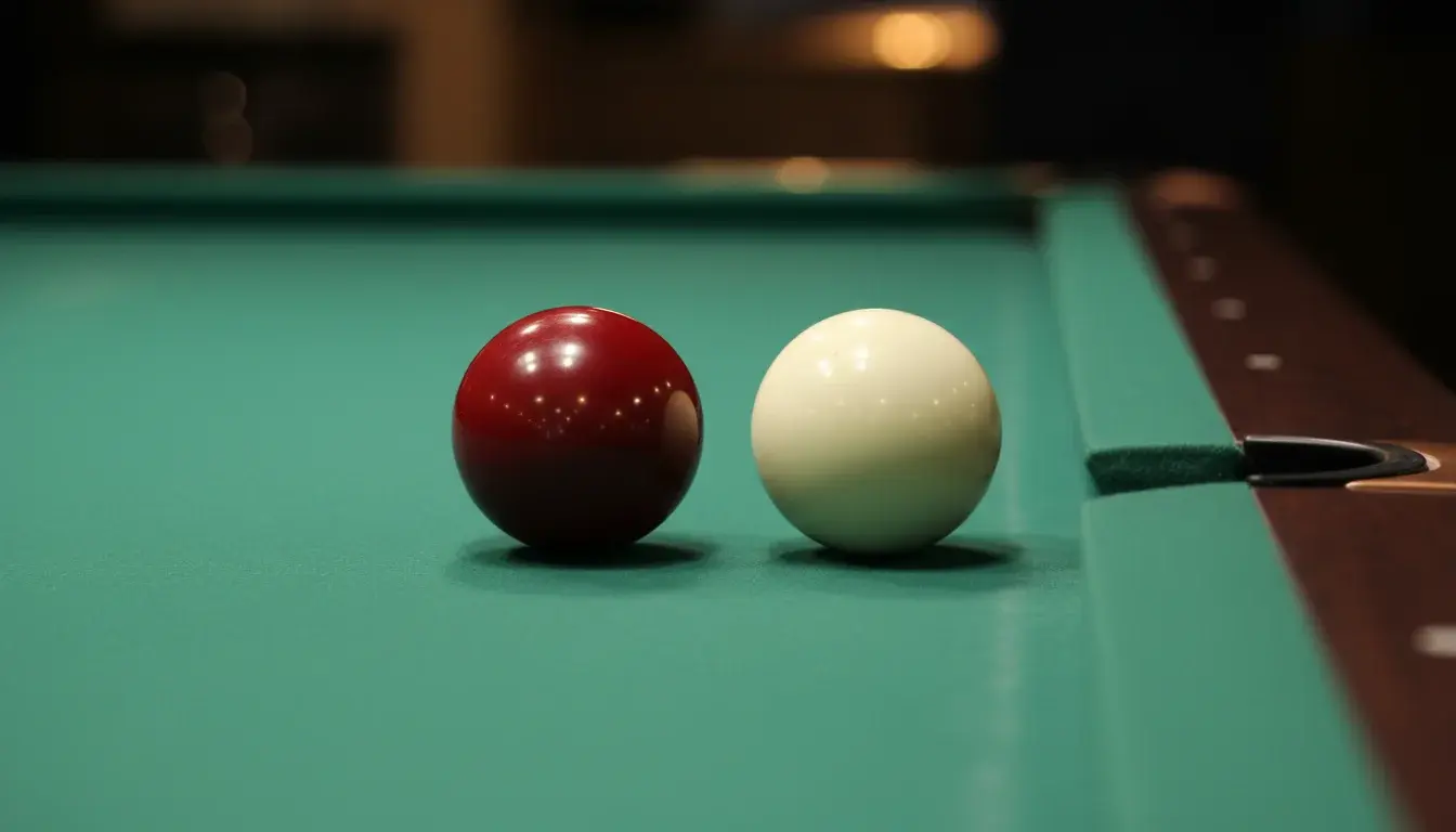 Close-up van snookerballen op groene baize met scorebord op de achtergrond