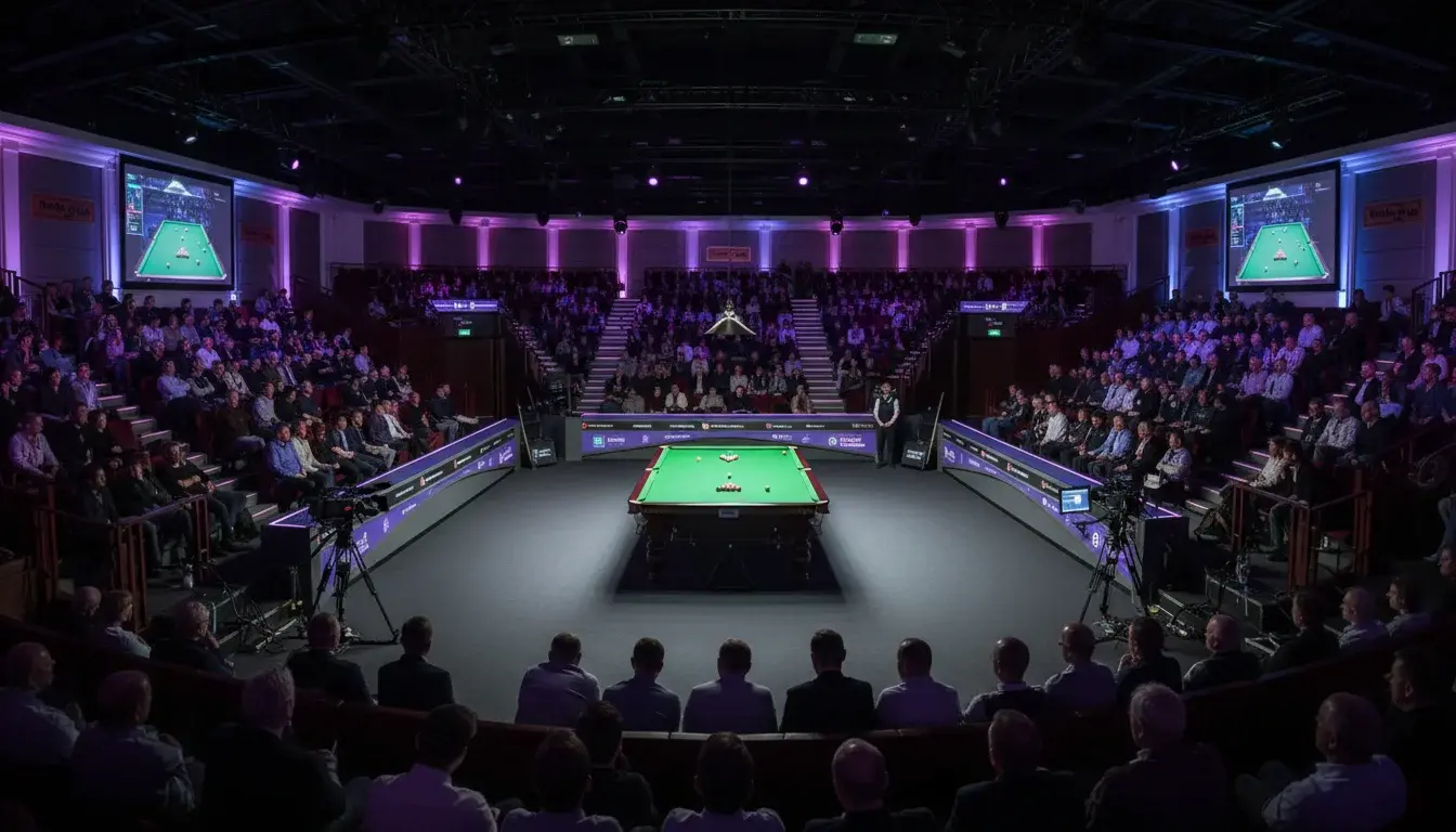 Toeschouwers volgen professionele snookerwedstrijd in arena met grote schermen
