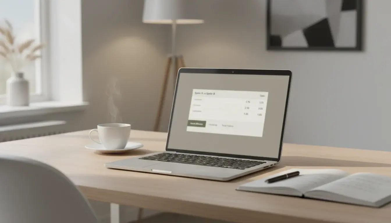 Laptop scherm toont snooker wedstrijd met odds interface op moderne werkplek