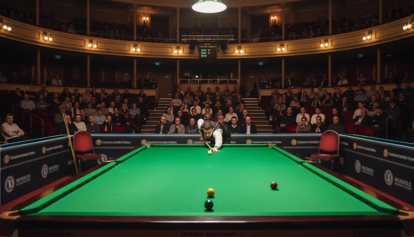 The Crucible Theatre Sheffield met snookertafel en volle tribunes
