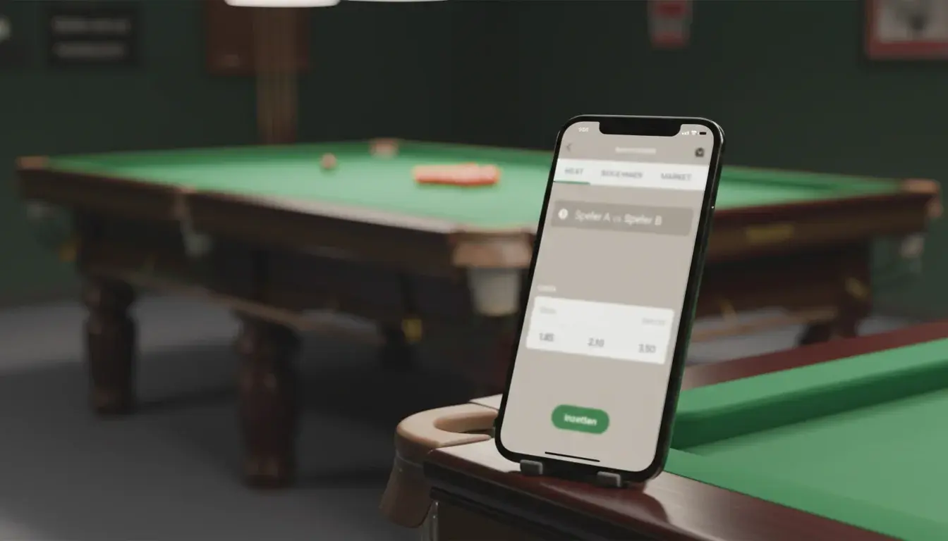 Smartphone met snooker wedden app en groene tafel