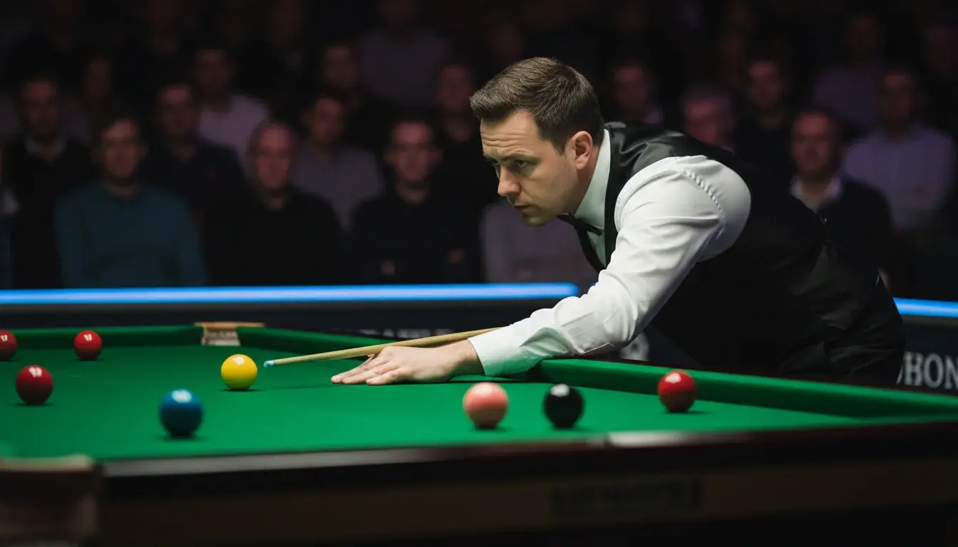Speler bestudeert snookertafel en plant strategische stoot