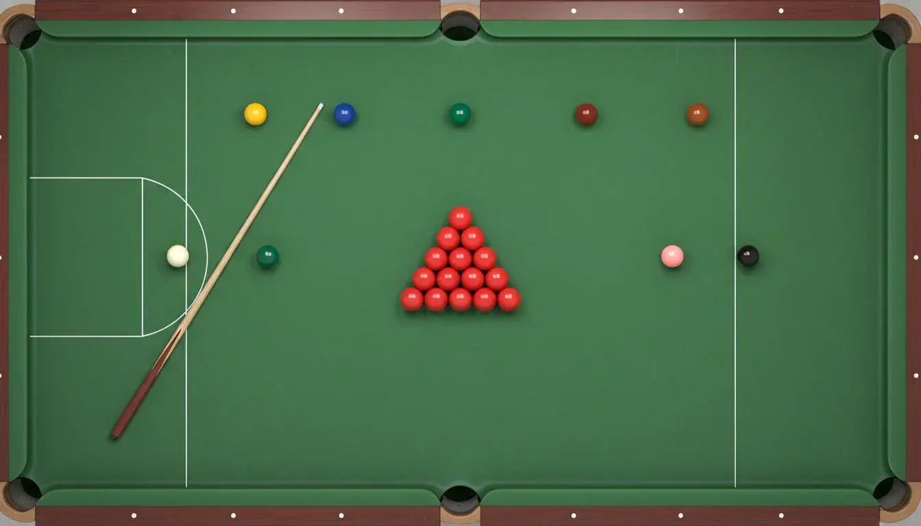 Snookertafel met gekleurde ballen en keu vanuit bovenaanzicht